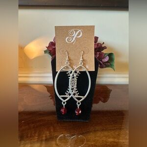 Plunder Design Women’s Silver Tone Football  Earrings  with Red Dangle Gems NIB